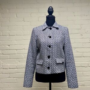 Calvin Klein Women's Black, Blue and White Boucle Jacket Size 2